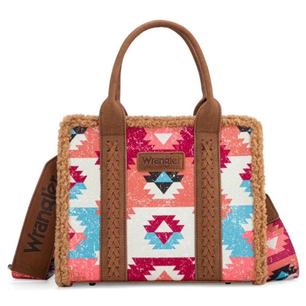 Wrangler Aztec Sherpa Trim Crossbody Purse, Brown
